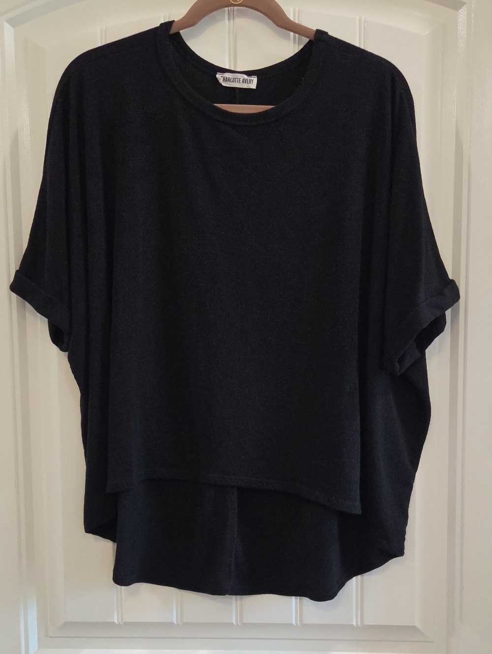 Charlotte Avery Black Relaxed Draped Short Sleeve High-Low Top